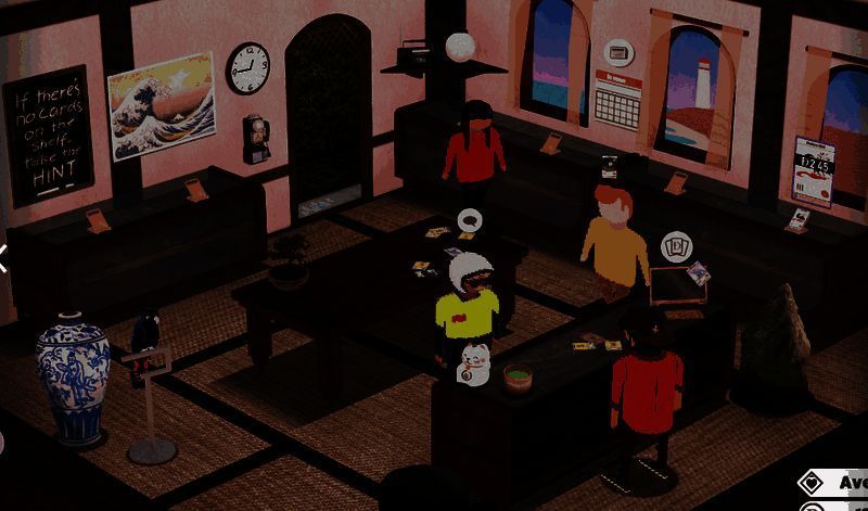 《卡牌之王》游戏界面展示，店内摆满各类卡牌盒，角色正在为顾客结账