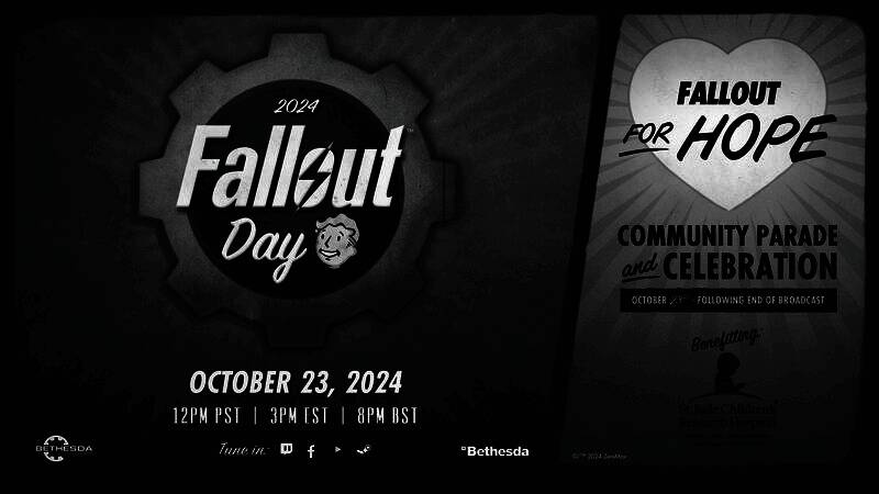 《辐射》系列标志性核战后废土场景，荒凉城市中闪烁着霓虹灯牌，充满复古科幻氛围