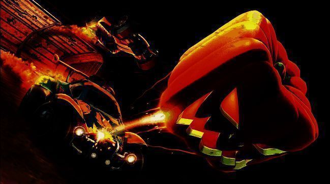 两名玩家驾驶蜘蛛主题赛车在夜幕下的球场激烈对战，周围漂浮着幽灵光影特效