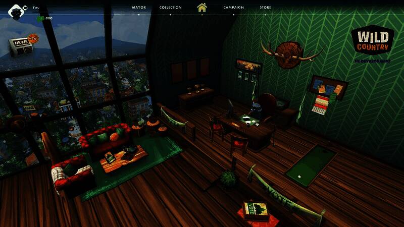 Becky Matthew在工作室接受采访的照片，身后是《萌兽镇：建城卡斗》概念艺术墙