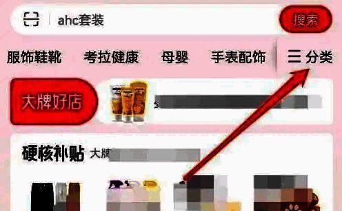 分类页面截图，界面列出多个商品类别，箭头指向【分类】入口按钮，界面清晰直观
