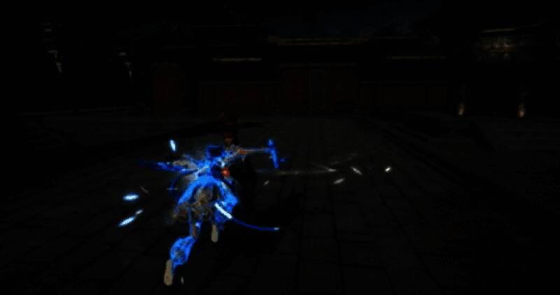 角色施展勾旋斩旋转出击，刀光划出弧形轨迹，成功格挡敌方劈砍并反向突刺