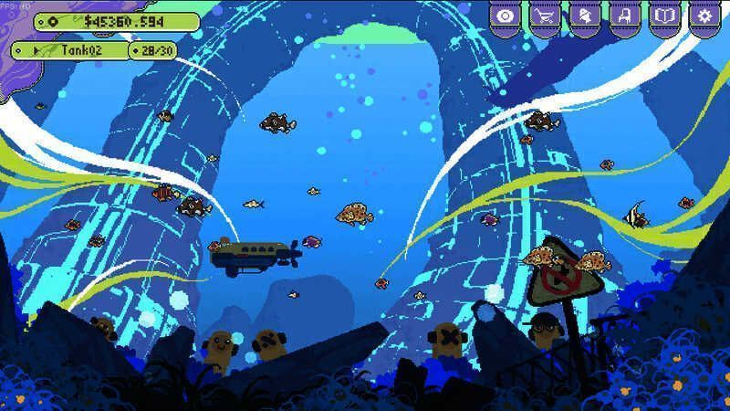 装饰物自定义界面，玩家正在拖动发光水草和迷你灯塔布置鱼箱内部景观