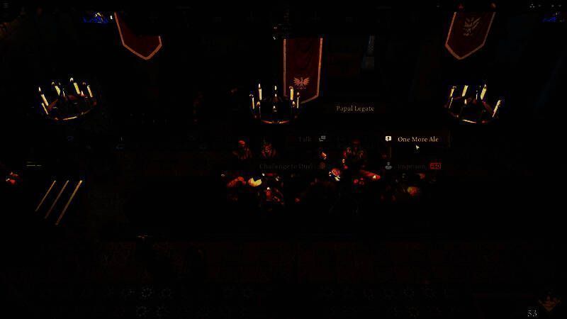 国王在豪华宴会厅中举杯，宾客满座，烛光璀璨，侍者穿梭其间