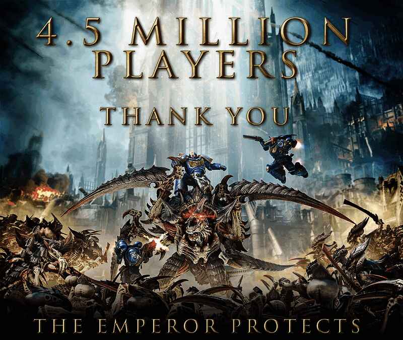 《战锤40K：星际战士2》官方发布的销量庆祝贺图，画面中主角泰图斯身披动力装甲，手持链锯剑高举，背景为帝国徽记与战火硝烟