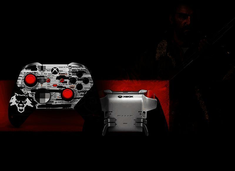 《使命召唤：黑色行动6》主题Xbox手柄外壳展示图，黑色迷彩纹理搭配红色标志性LOGO，科技感十足