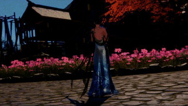 角色背影展示，珠链自肩部垂落，与裙摆线条自然衔接，整体造型极具层次感与动态美