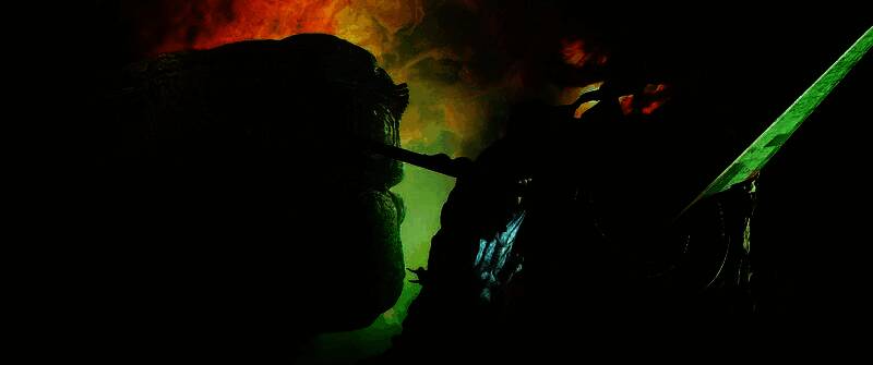 CG预告截图：黑暗空间中浮现红色符文，一名身披长袍、面容模糊的高大身影缓缓走来，周围漂浮着扭曲的灵魂幻影