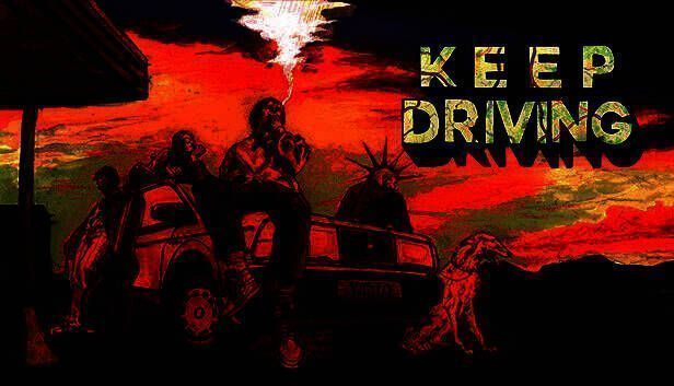 《继续驾驶》游戏主界面展示，一辆老式轿车行驶在黄昏下的乡间小路上，背景是橙红色的天空和远处的山脉