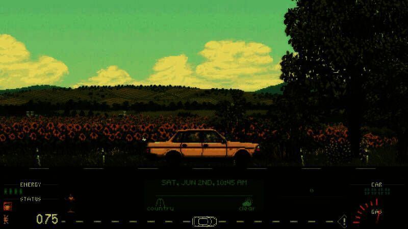 游戏中主角站在车旁，夕阳下一名背着包的搭车客正朝他走来，周围是荒凉的公路和随风摇曳的杂草