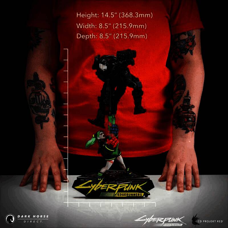 雕像侧面特写，展示机甲推进器火焰与地面撞击火花的精细特效