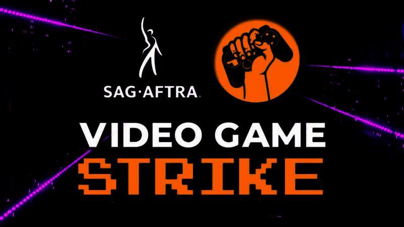 美国演员工会成员在游戏公司外举行抗议活动，举着标语呼吁保护演员权益，背景可见公司标识