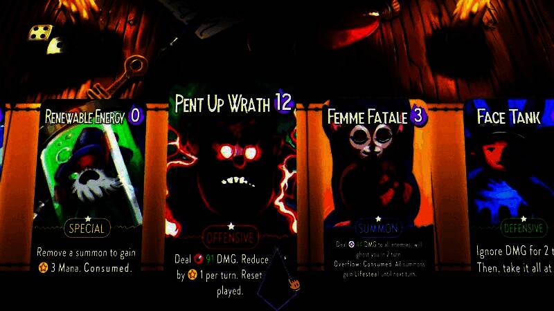 游戏中主角站在一扇巨大诡异门前，周围漂浮着卡牌和魔法符文