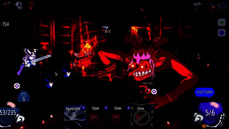 卡牌战斗界面截图，显示多张风格怪异的手绘卡牌正在发动技能