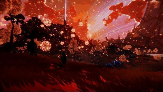 玩家在荧光森林中探索的场景，周围漂浮着发光孢子，远处有巨型藤蔓缠绕的岩石结构