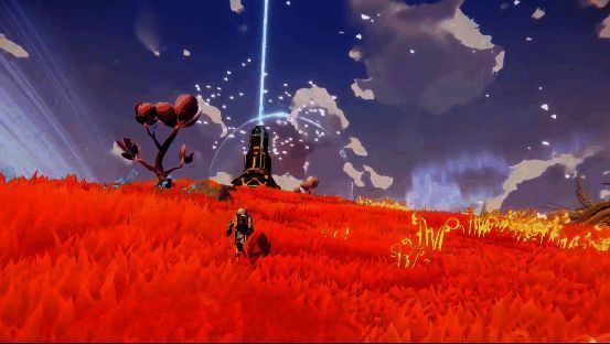 玩家在废墟中拾取文物的场景，手持扫描仪对准一块刻有符号的石碑，周围散落着机械残骸