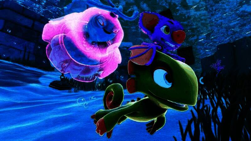 尤卡在热带雨林中跳跃，周围是巨大的蘑菇和藤蔓