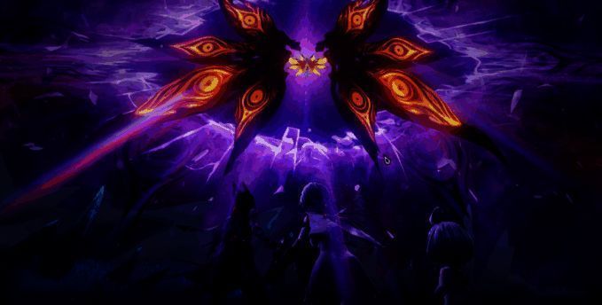 焰灵与巨鲸魔之楔对比图，左半部分展示火焰特效环绕的符文石，右半部分呈现蓝色波纹扩散的海洋风格装置