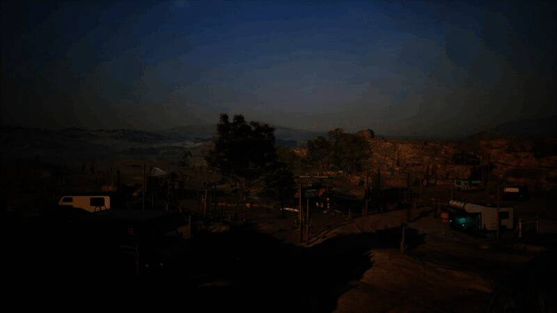 《加油站大亨-露营地》DLC宣传图，展示夜晚星空下的房车营地，灯光温馨，氛围宁静而浪漫