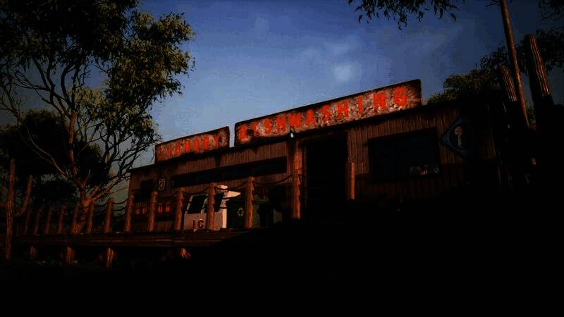 游戏角色与游客对话场景，背景为正在建设中的露营地，工程车辆忙碌运作