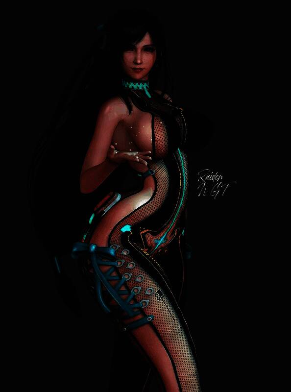 蒂法侧身回眸，穿着改良版格斗服，肌肉线条清晰可见，眼神坚定