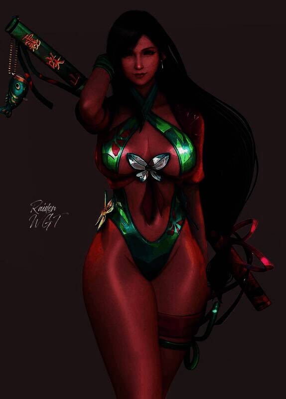 蒂法双手叉腰站立于废墟之上，身穿战术风长外套，周围雷光闪烁特效华丽