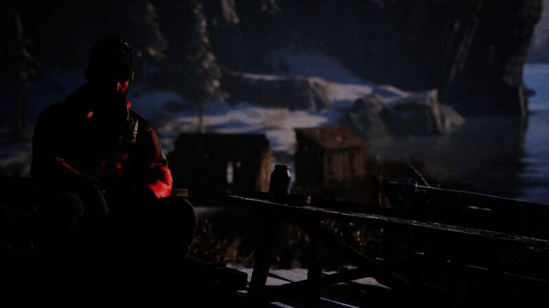 《冬日幸存者》游戏主视觉图，雪地荒野中一名角色背对镜头前行，远处风暴逼近，氛围压抑而紧张