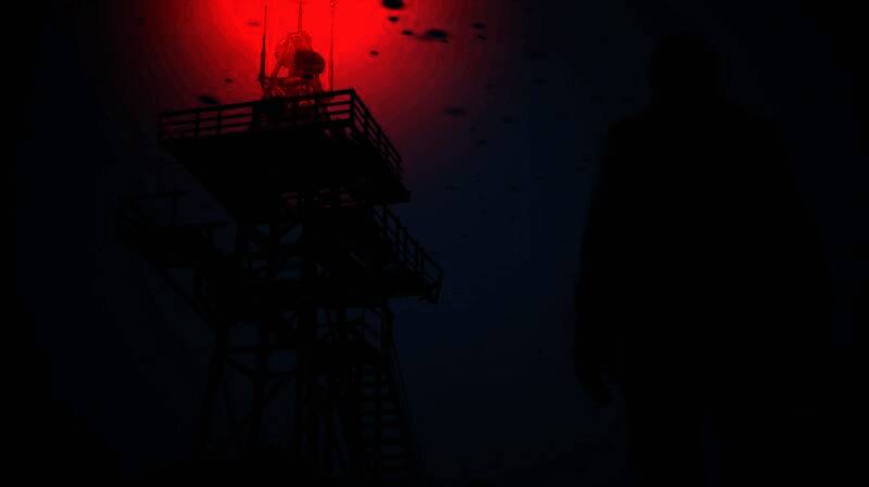 玩家角色在雪地中搭建简易木屋，周围堆满物资，天空阴沉，雪花飘落