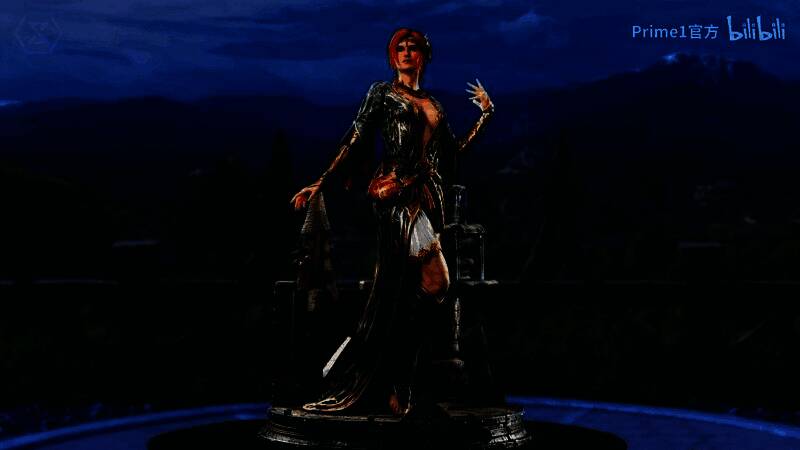 整体陈列效果图，雕像置于展示柜中，灯光烘托出神秘魔法氛围