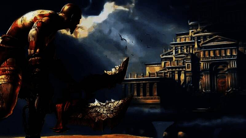 概念图展示奎托斯手持一把弯曲的古风长剑，背景隐约浮现金字塔与沙漠，整体风格融合动作与神秘感