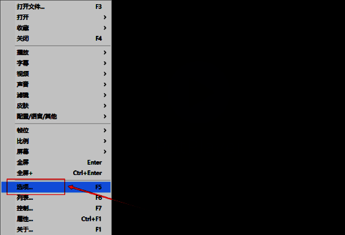 PotPlayer下拉菜单中‘选项’按钮位置展示