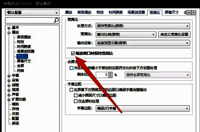 PotPlayer宽高比设置中已勾选‘缩放窗口时保持宽高比’选项的界面