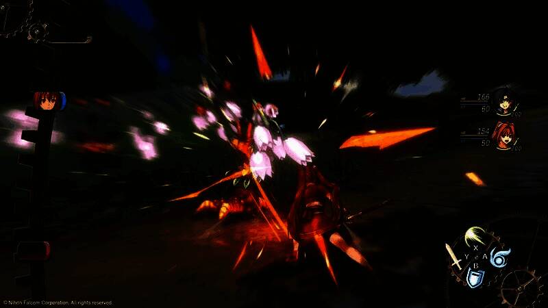 游戏结局预告画面：艾丝蒂尔与约书亚背对夕阳站立在悬崖边，远处飞艇缓缓驶过天空