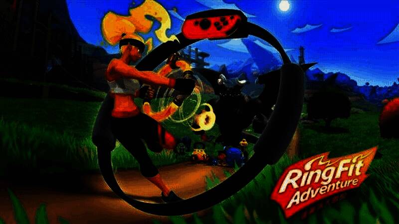 《健身环大冒险》玩家使用Ring-Con控制器进行上举推拉动作的示范图，展示游戏中的典型锻炼姿势