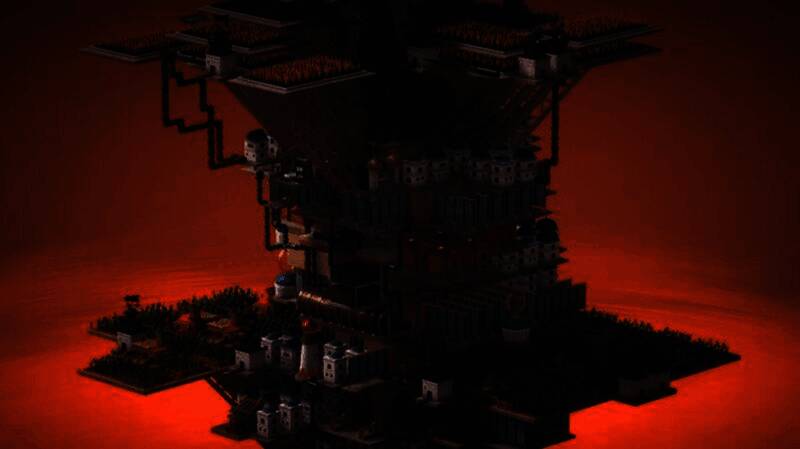 游戏中玩家视角俯瞰整座垂直塔楼，层层叠叠的建筑结构清晰可见，阳光穿透云层洒落在塔身，视觉层次丰富