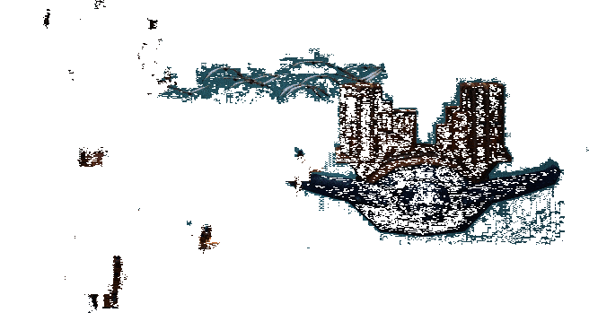 海龟港场景，一只巨型机械海龟缓缓驶入港口，卸下远方运来的珍贵物资，背景是漂浮岛屿群