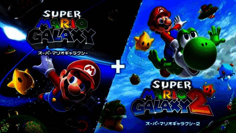 《超级马里奥银河1+2》游戏封面图，马里奥身穿宇航服漂浮在星空之中，背景是绚丽的星系与行星