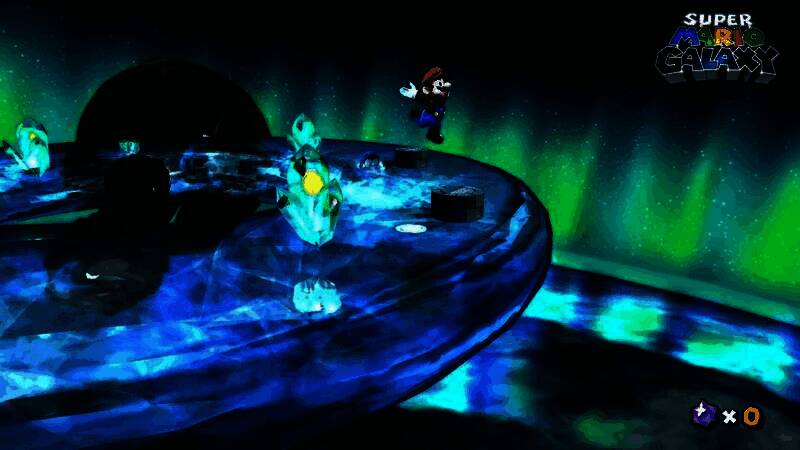 游戏画面展示马力欧与耀西并肩站在一颗小型行星上，周围环绕着漂浮的陨石和发光轨道