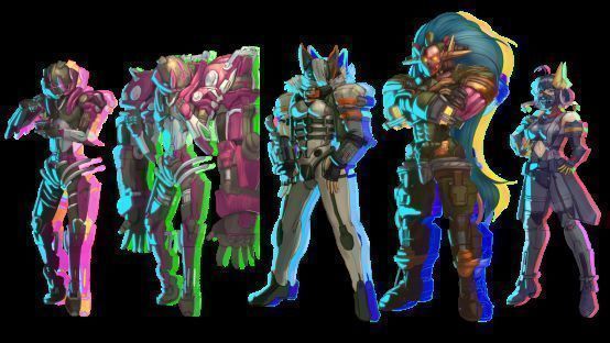 五名可操作角色立绘展示，各具独特装备与战斗姿态，风格差异明显