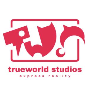 TrueWorld Studios团队合影概念图，成员身着带有公司LOGO的制服，背景为开发中的游戏场景