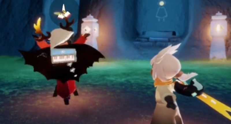 《光遇》玩家在不同场景下使用手电筒照明的对比图：洞穴、密林与地下城