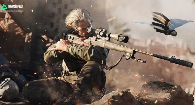 银翼操控猎鹰无人机在城市上空飞行，屏幕显示实时画面，下方红点代表被标记的敌方单位