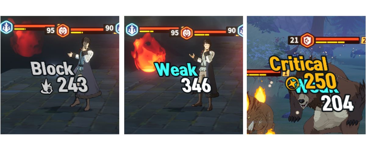 《黑色四叶草魔法帝之道》攻击判定界面示意图，展示暴击、弱点与格挡提示