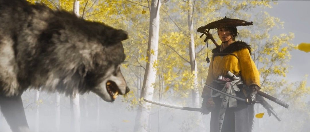 《羊蹄山之魂》游戏封面图，画面中主角身着传统服饰，手持武士刀凝视远方，背景为白雪覆盖的山峰与神社