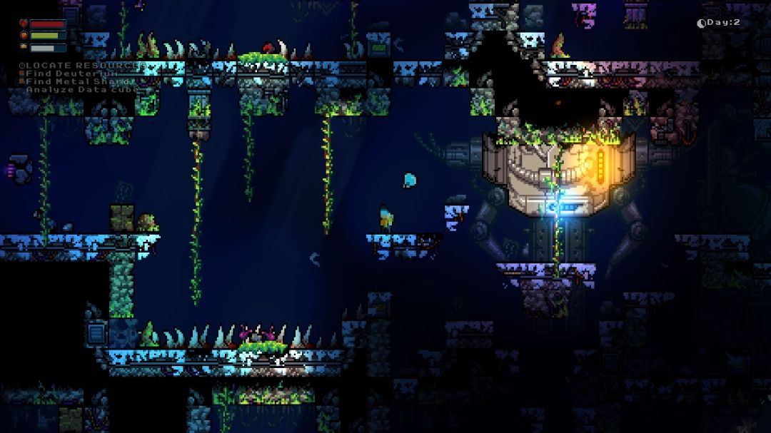 《Residual》与《黑暗史诗》游戏截图拼图，左图为像素风格外星洞穴探险，右图为中世纪地牢中的角色战斗场景