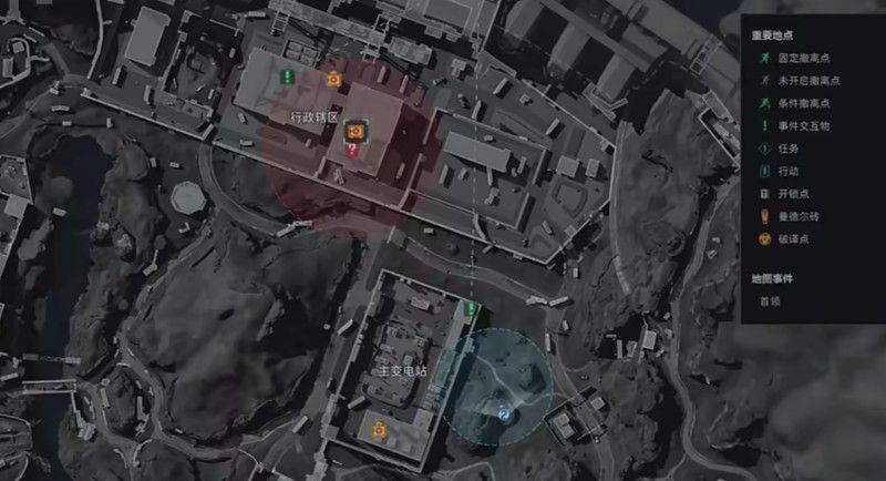 游戏地图中标记出主变电站与行政区域的协议箱刷新点，红点醒目标注