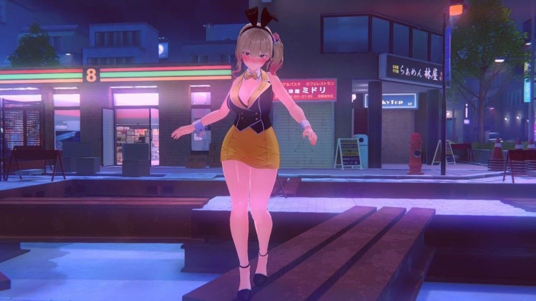 游戏内场景截图，显示一名兔女郎踉跄走在夜晚街道上，身体倾斜严重，玩家视角正试图调整其行走路线