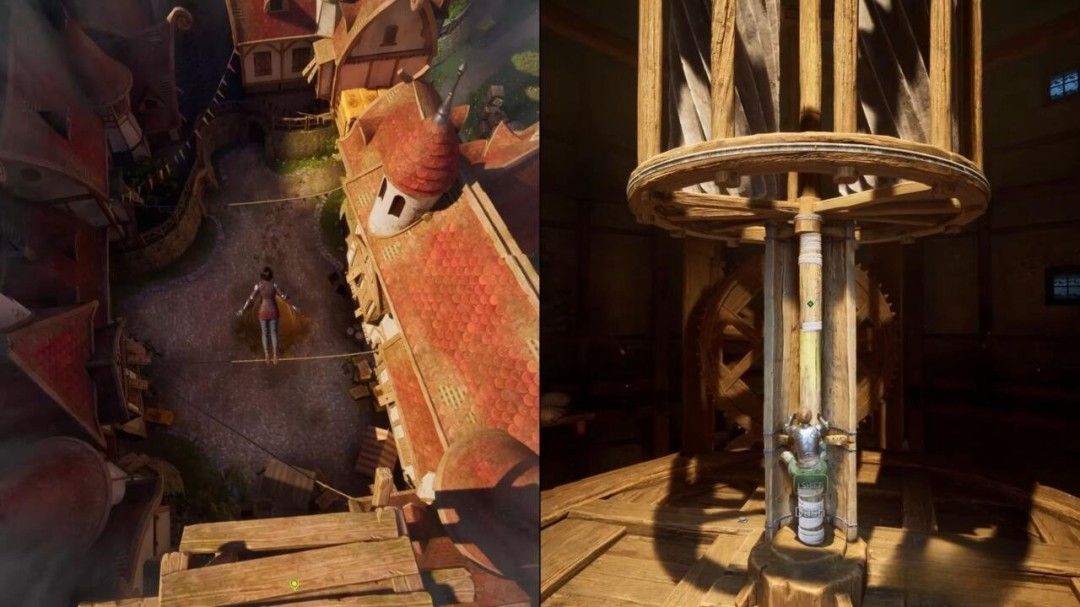 游戏中两位女主角在漂浮岛屿间跳跃穿梭，周围环绕着书籍碎片和发光的文字粒子，场景充满诗意与想象力