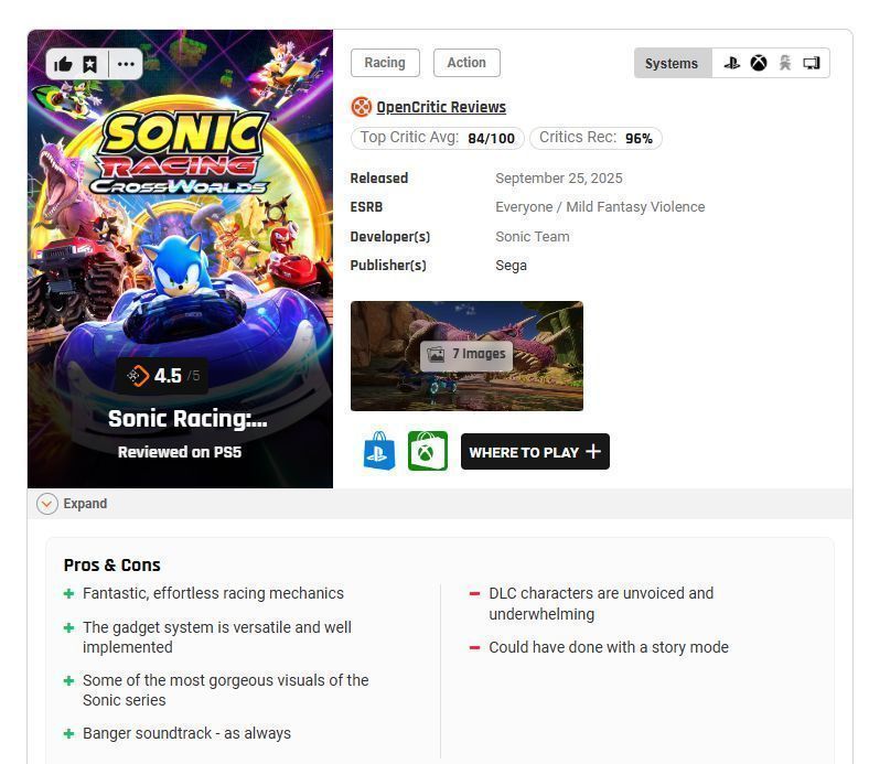 The Gamer对《索尼克赛车：交叉世界》的评测页面截图，标题为‘Sonic is back in the fast lane’