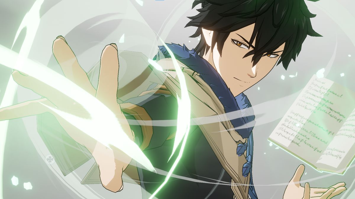 SSR亚斯塔角色立绘，身穿标志性的黑色教团制服，眼神坚定